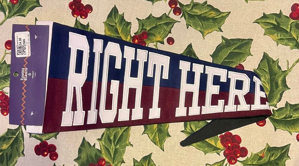 Full Sized Burgundy and Navy "Right Here" Fabric Pennant